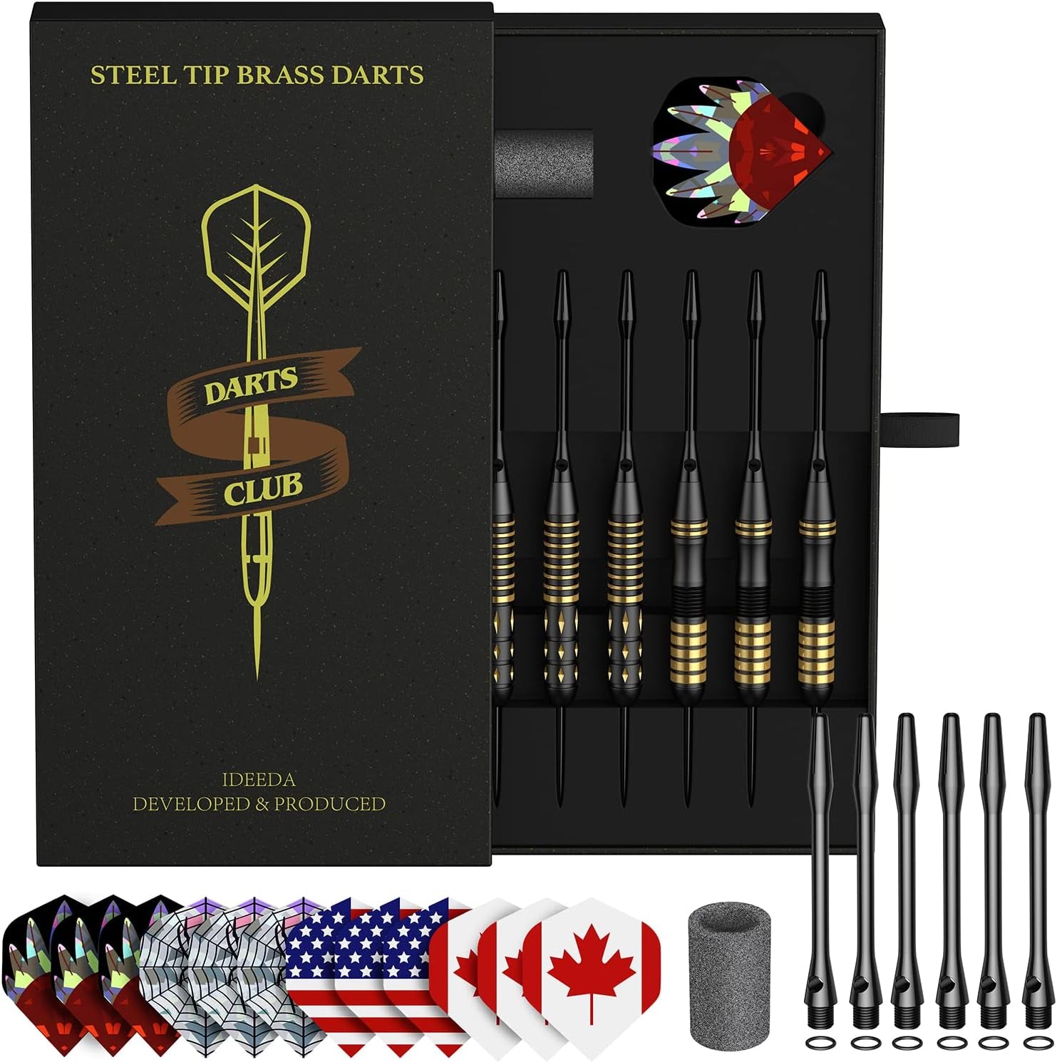 Steel Tip Dart Brass Barrels Professional Darts Set, Metal Tipped Darts 6 Pack + 12 Aluminum Shafts + 12 Flights + 1 Sharpener