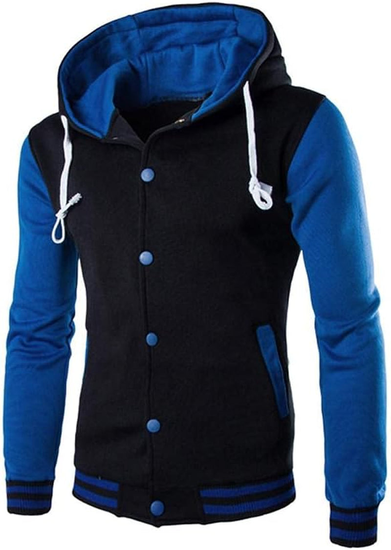 Mens Hooded Baseball Varsity Jacket Causal Slim Fit Bomber Jackets Long Sleeve Letterman Coat Hoodie Sweatshirt Blue